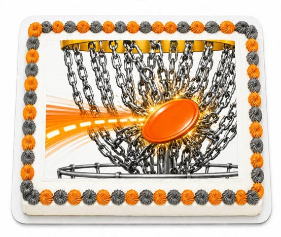 Disc Golf Chains Edible Cake Topper, Orange Flying Disc Sports Birthday Frosting Sheet ~ D30259