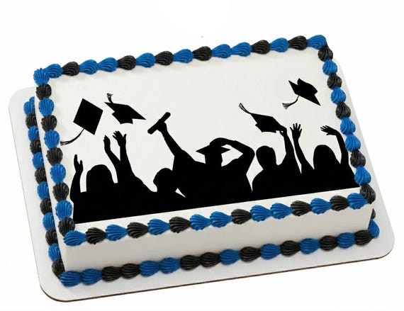 Graduation Silhouette Edible Cake Topper Grad Toss Caps Party Cake Image Decor D20627