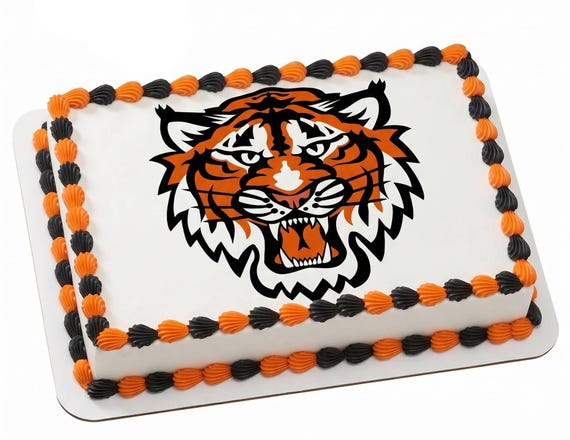 Tiger Mascot Edible Cake Topper, School Spirit Frosting Sheet Image, Orange Black Tiger Head ~ D853