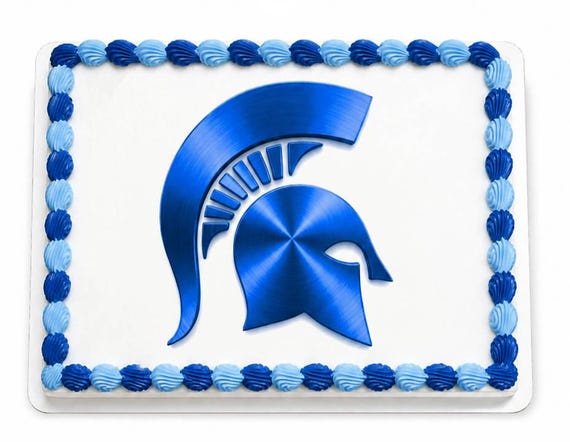 Blue Spartan Helmet Metallic Edible Cake Topper, Trojan Warrior School Frosting Sheet Image, Navy ~ D22463