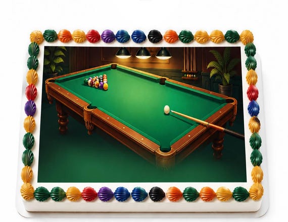 Pool Table Billiards Edible Cake Topper, Game Room Birthday Frosting Sheet Image ~ D30159