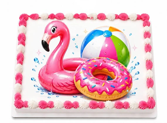 Flamingo Float Edible Cake Topper, Pool Party Frosting Sheet Image, Beach Ball ~ D30202