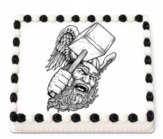 Viking Warrior Hammer Edible Cake Topper, Norse Mythology Birthday Frosting Sheet Image, Bearded ~ D968