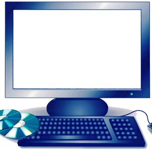 May include: A blue computer monitor with a blank white screen, a keyboard, a mouse, and two CDs. The monitor is connected to the keyboard and mouse. The CDs are blue and silver.