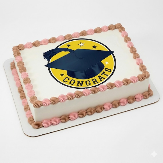 Congrats Grad Cap Badge Edible Cake Topper, Navy Gold Graduation Frosting Sheet Decoration ~ D30048