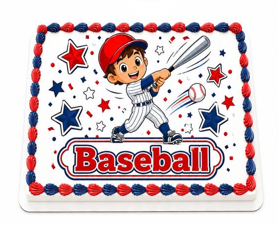 Baseball Boy Batter Stars Edible Cake Topper, Sports Birthday Frosting Sheet Image ~ D30138