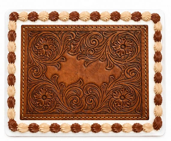 Tooled Leather Floral Edible Cake Topper, Western Carved Saddle Frosting Sheet Image, Cowboy Country Ranch Party ~ D30091