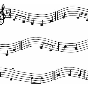 May include: Black and white musical notation on a white background. The image features three curved lines of musical staff with notes and symbols, including treble clef and various note values.