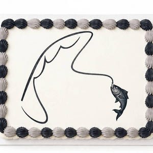 May include: A rectangular cake with white frosting, decorated with a black and gray border of piped frosting. The cake features a black line drawing of a fishing rod and a fish. The fish is hooked on the line.