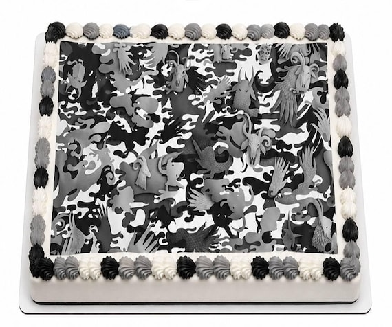 Dragon Camo Gray Black Edible Cake Topper, Fantasy Creature Frosting Sheet Image, Mythical Pattern ~ D3932