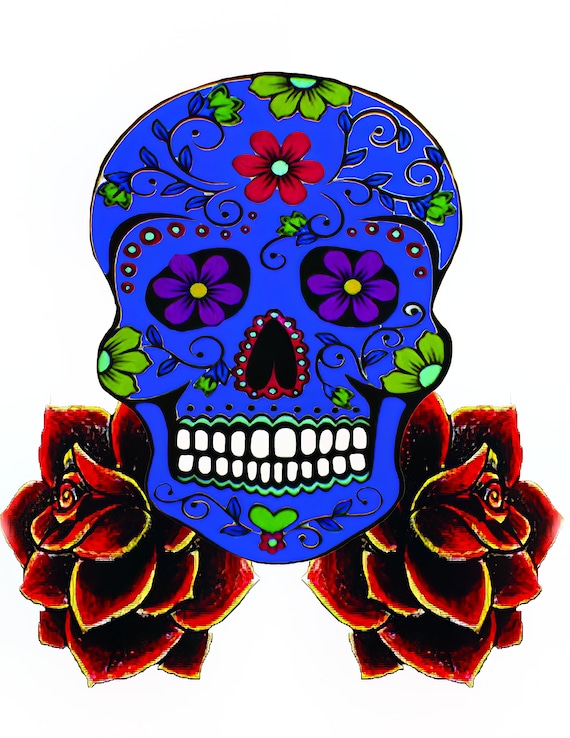 Blue Sugar Skull & Roses Halloween Birthday ~ Edible 2D Fondant Birthday Cake/Cupcake Topper ~ D22654