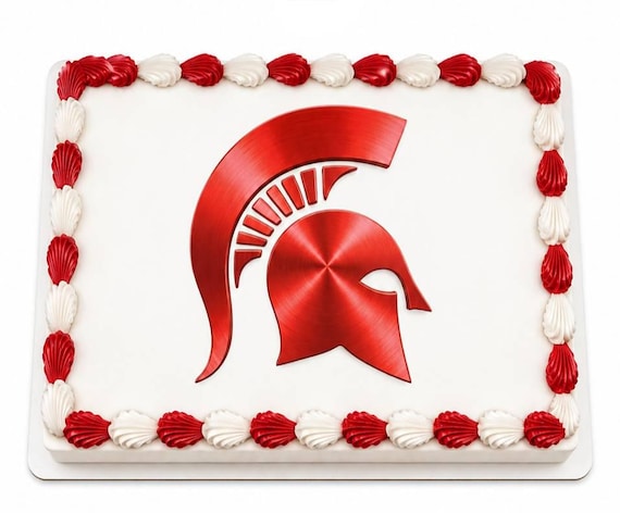 Red Spartan Helmet Metallic Edible Cake Topper, Trojan Warrior School Frosting Sheet Image, Crimson ~ D22460