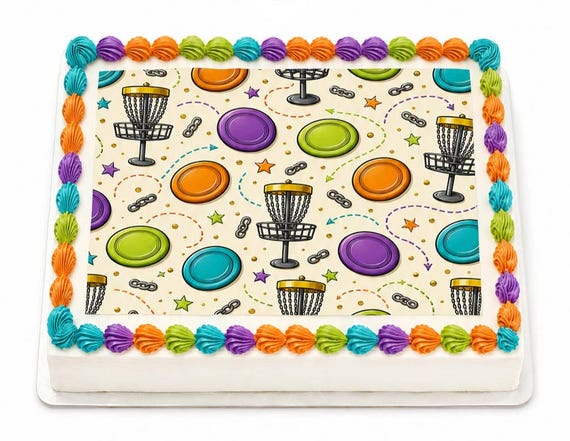 Colorful Disc Golf Pattern Edible Cake Topper, Flying Discs and Baskets Frosting Sheet ~ D30258