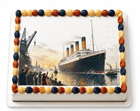 RMS Titanic Departure Scene Edible Cake Topper, Vintage Harbor Farewell Frosting Sheet Image, Ocean Liner Dock ~ D30105