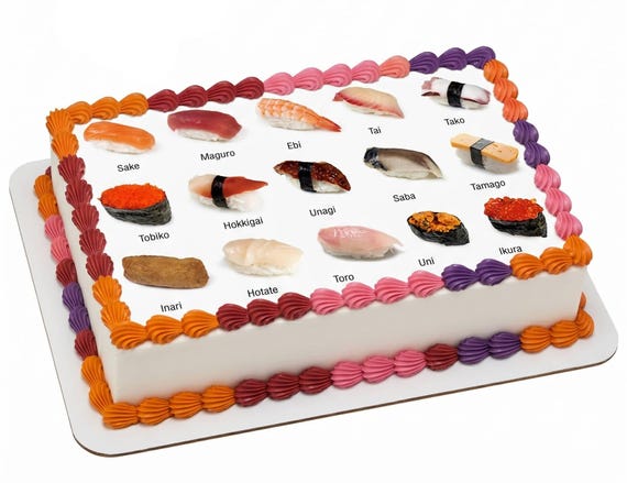 Sushi Guide Edible Cake Topper, Japanese Food Chart Frosting Sheet Decoration ~ D7911