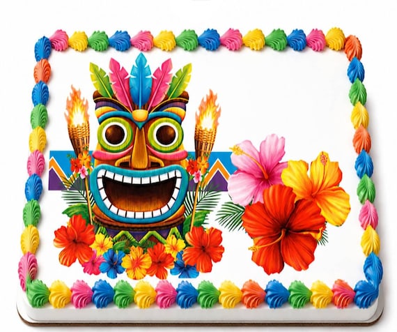 Luau Tiki Mask Hibiscus Edible Cake Topper, Tropical Party Frosting Sheet Image ~ D5423