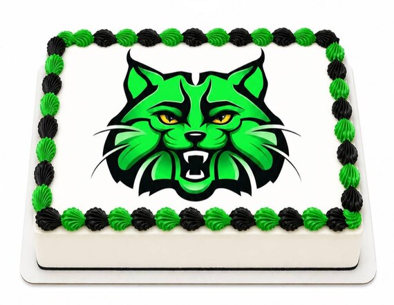 Green Black Wildcat Bobcat Mascot Edible Cake Topper, School Team Frosting Sheet Image, Fierce Cat ~ D22736