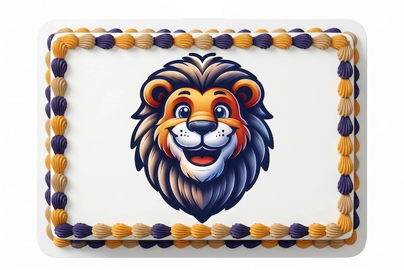 Lion Mascot Edible Cake Topper, School Spirit Frosting Sheet Image, Purple Gold Cute Lions ~ D30085