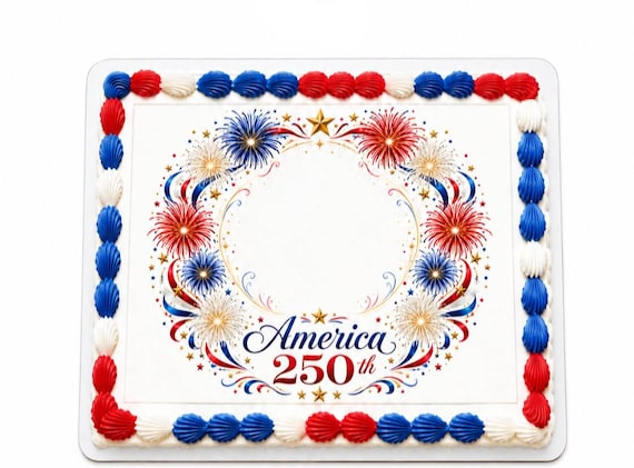 America 250th Fireworks Edible Cake Topper, Patriotic Birthday Frosting Sheet Image ~ D30175