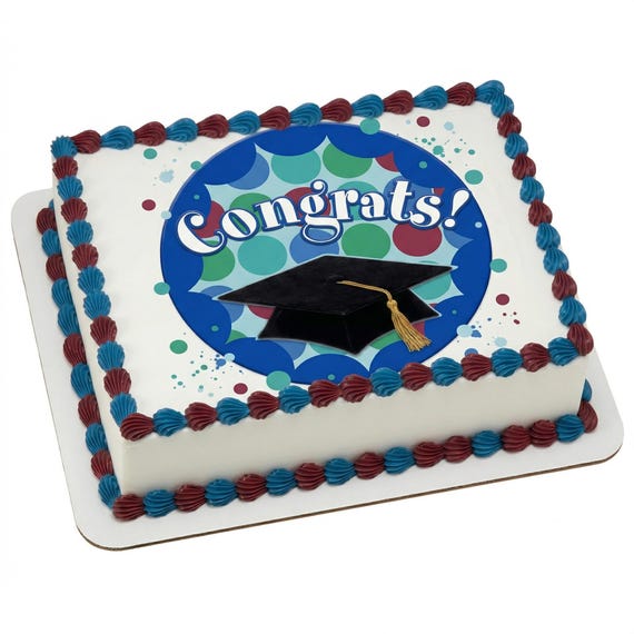 Congrats Grad Cap Polka Dot Edible Cake Topper, Blue Green Graduation Frosting Sheet Decoration ~ D2229
