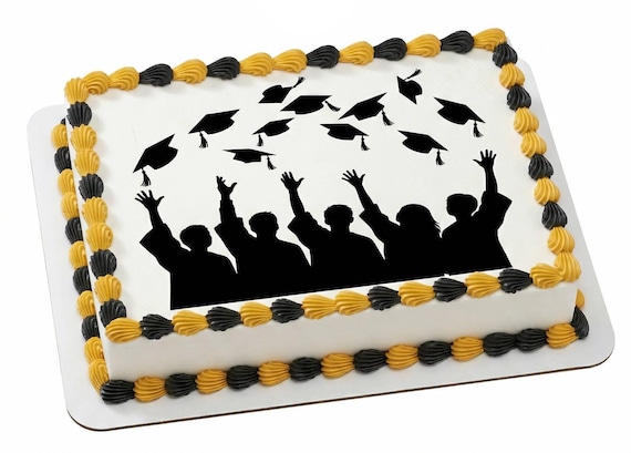 Black Graduation Silhouette Cap Toss Edible Cake Topper, Celebration Frosting Sheet Image, Commencement Party Decor ~ D30013
