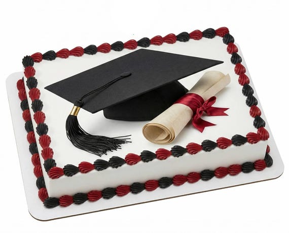 Black Grad Cap Red Ribbon Diploma Edible Cake Topper, Graduation Frosting Sheet Decoration ~ D5925