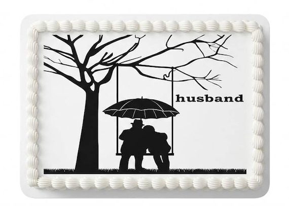 Couple Under Umbrella Tree Swing Edible Cake Topper, Romantic Silhouette Frosting Sheet Image, Love Anniversary ~ D24305