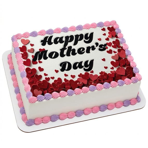 Happy Mothers Day Hearts Edible Cake Topper, Mom Celebration Frosting Sheet Decoration ~ D24010