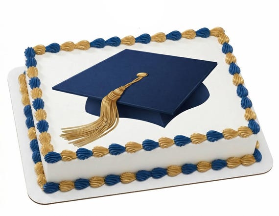 Navy Blue Graduation Cap Gold Tassel Edible Cake Topper, Commencement Frosting Sheet Image, Grad Party Decor ~ D24412
