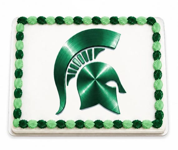 Green Spartan Helmet Edible Cake Topper, Warrior Trojan Knight Frosting Sheet Image, Metallic Brushed Steel Sports Mascot ~ D24404
