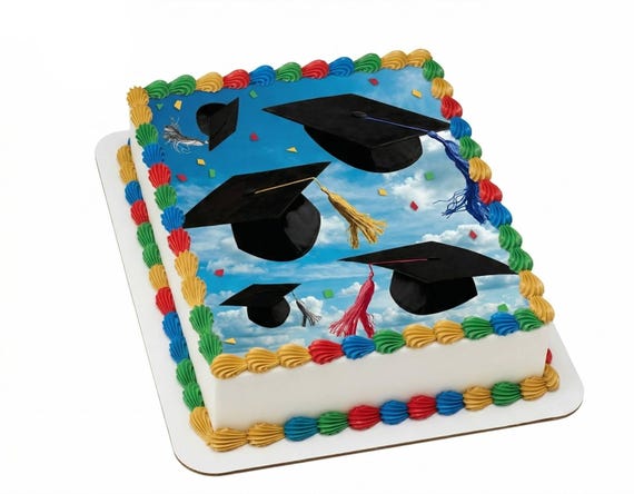 Graduation Caps Tossed in Sky Edible Cake Topper, Colorful Confetti Grad Frosting Sheet Decoration ~ D5920