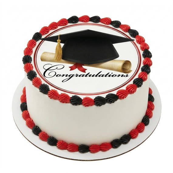 Congratulations Cap Diploma Red Seal Edible Cake Topper, Elegant Grad Frosting Sheet Decoration ~ D1893