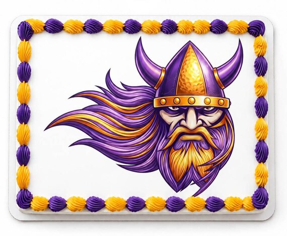 Purple Gold Viking Warrior Edible Cake Topper, Norse Horned Helmet Frosting Sheet Image, Mascot Beard School Team ~ D24704