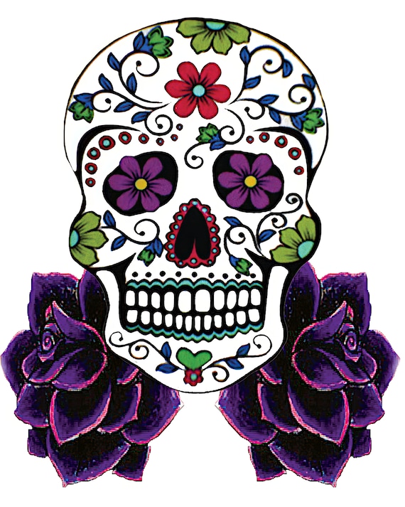 Sugar Skull and Purple Roses Birthday ~ Edible 2D Fondant Birthday Cake/Cupcake Topper ~ D22438