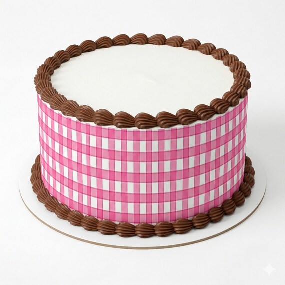 Pink Gingham Edible Cake Side Strips, Plaid Frosting Sheet Wrap D24531