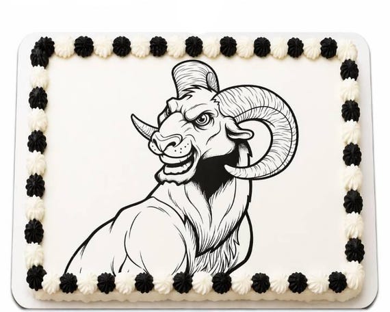 Ram Mascot Edible Cake Topper, School Spirit Frosting Sheet Image, Black White Cartoon Ram ~ D959