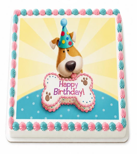 Puppy Dog Happy Birthday Edible Cake Topper, Party Hat Bone Paw Frosting Sheet Image, Cute Pet Celebration ~ D997