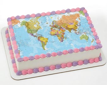 World Map Edible Cake Topper, Geography Travel Party Frosting Sheet Decoration ~ D20591