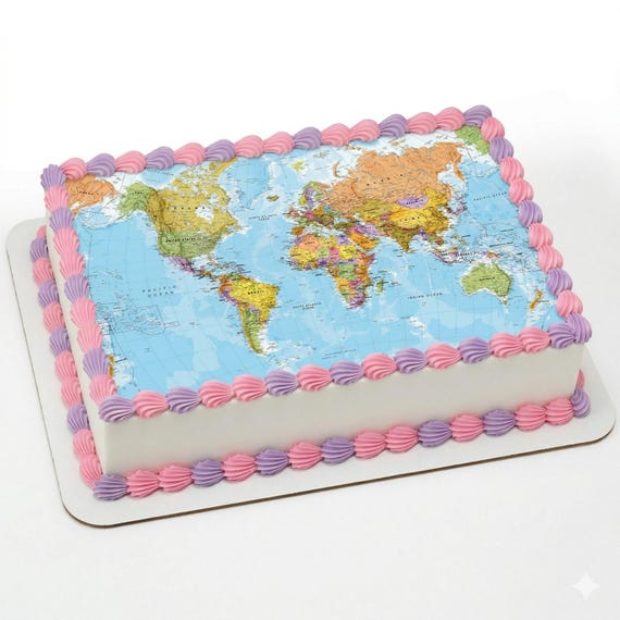 World Map Edible Cake Topper, Geography Travel Party Frosting Sheet Decoration ~ D20591