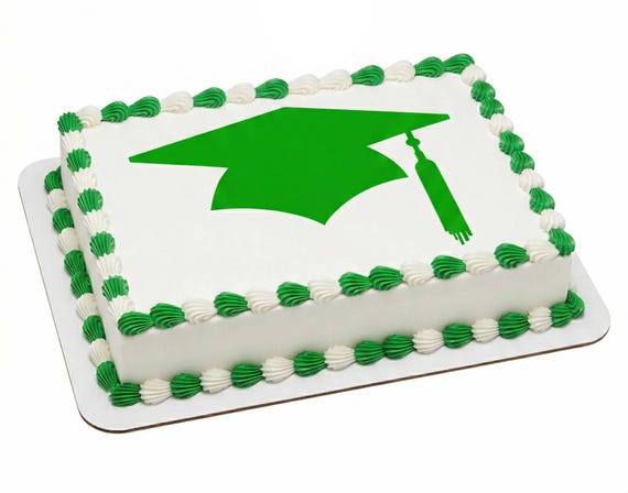 Green Graduation Cap Silhouette Tassel Edible Cake Topper, Commencement Frosting Sheet Image, Grad Party Decor ~ D24584