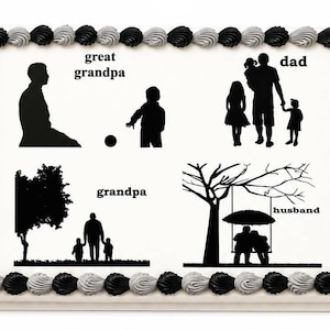 May include: A rectangular cake with black and gray frosting trim. The cake features black silhouettes representing family roles: great grandpa, grandpa, dad, and husband. The cake is decorated with black and gray frosting.
