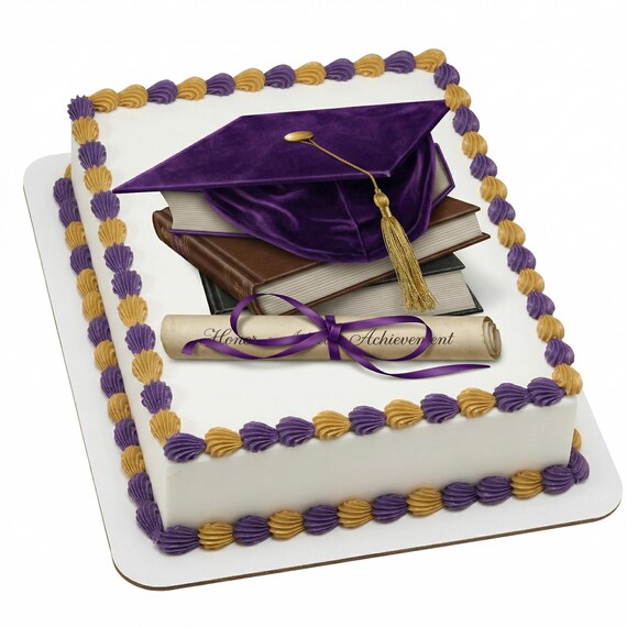 Purple Graduation Cap Books Diploma Edible Cake Topper, Honor Achievement Frosting Sheet Decoration ~ D5921