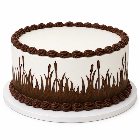 Brown Cattail Grass Edible Cake Side Strip, Pond Nature Frosting Sheet Decoration ~ D30002
