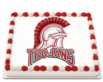 Trojans Mascot Edible Cake Topper, School Spirit Frosting Sheet Image, Red White Trojans Logo ~ D965