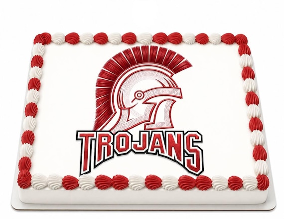 Trojans Mascot Edible Cake Topper, School Spirit Frosting Sheet Image, Red White Trojans Logo ~ D965