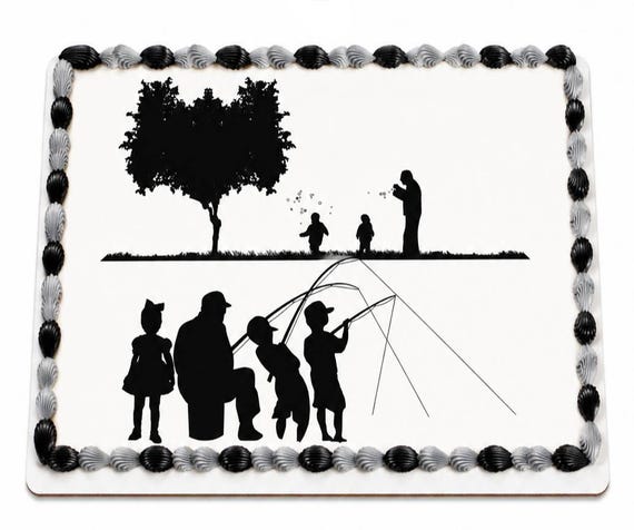 Grandpa Grandkids Fishing Edible Cake Topper, Silhouette Birthday Frosting Sheet Image ~ D24699