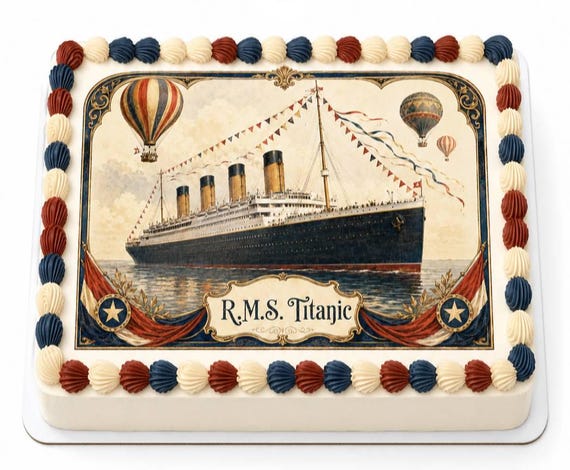 RMS Titanic Celebration Poster Edible Cake Topper, Vintage Balloon Bunting Frosting Sheet Image, Nautical Festive ~ D30106