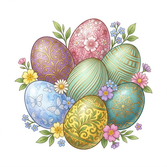Ornate Easter Eggs Spring Flowers Edible Cake Topper Cupcake Image Frosting Sheet Decor Personalized (9 Size Options) D30026
