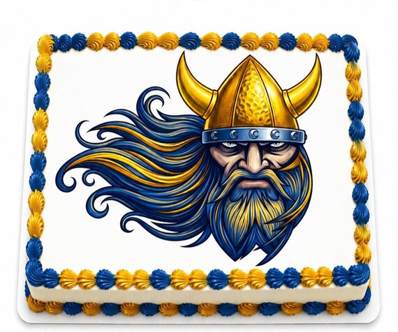 Blue Gold Viking Head Mascot Edible Cake Topper, Norse Warrior School Frosting Sheet Image, Fierce ~ D24028