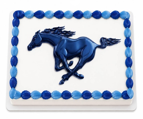 Blue Mustang Stallion Edible Cake Topper, Galloping Horse Mascot Frosting Sheet Image, Metallic Bronco School Team ~ D24643